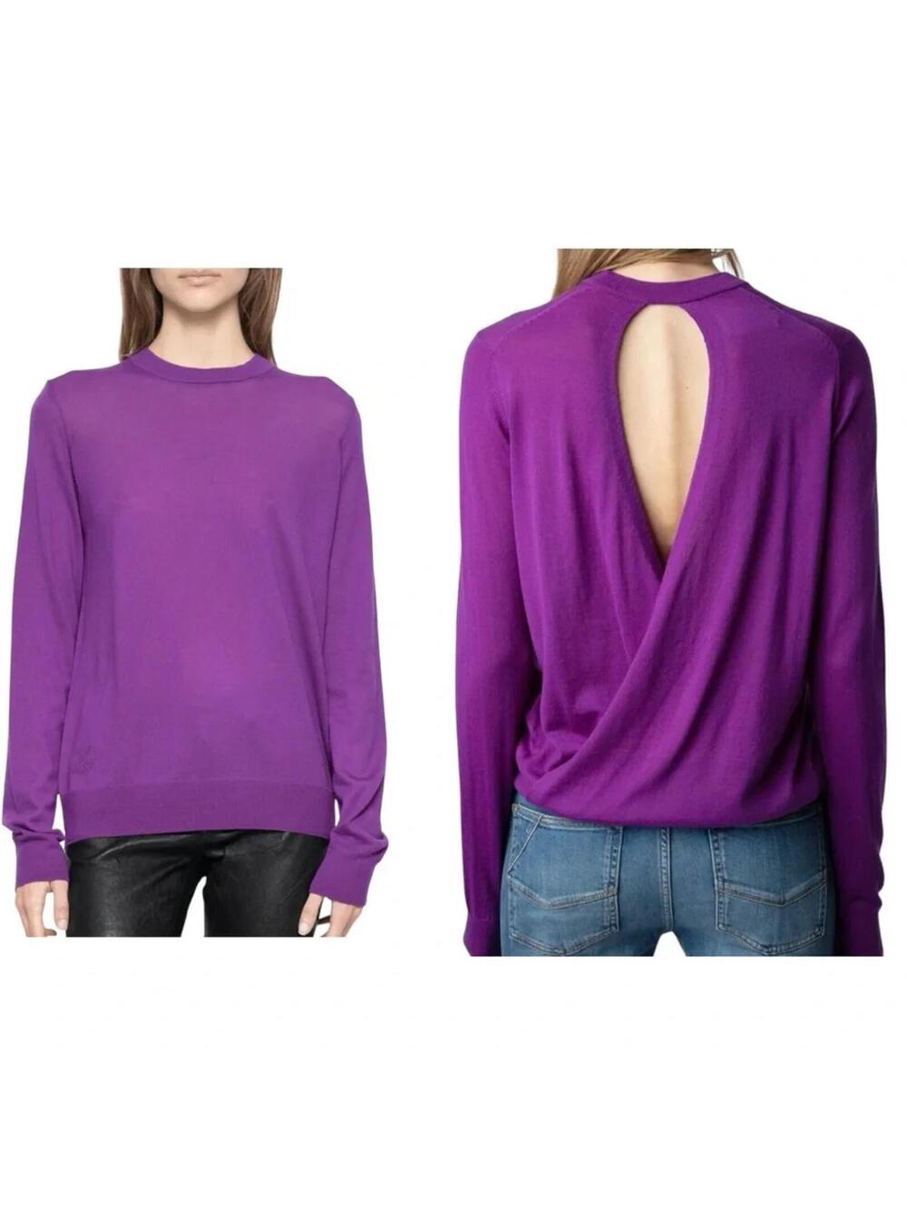 Zadig & Voltaire Emma Open Back 100% Merino Wool Purple Sweater Small NWT $298
